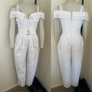 KAREN ALEXANDER VINTAGE WHITE EYELET JUMPSUIT ROMPER OFF 
SHOULDER POCKETS 12